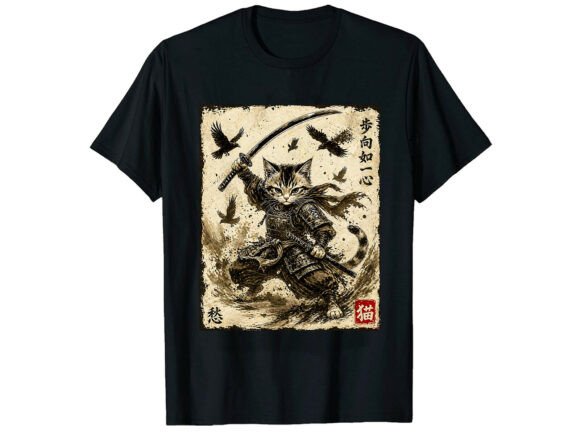 Cat Art Japanese Samurai T-Shirt Graphics for T-Shirt Designs
